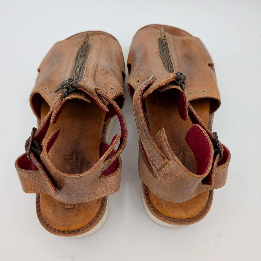 Bed Stu Clancy Tan Brown Leather Zip Platform Sandals Womens 6.5 Boho Distressed